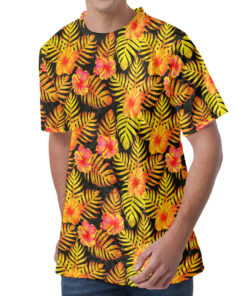Yellow Hawaiian Tropical Pattern Print Men's Velvet T-Shirt