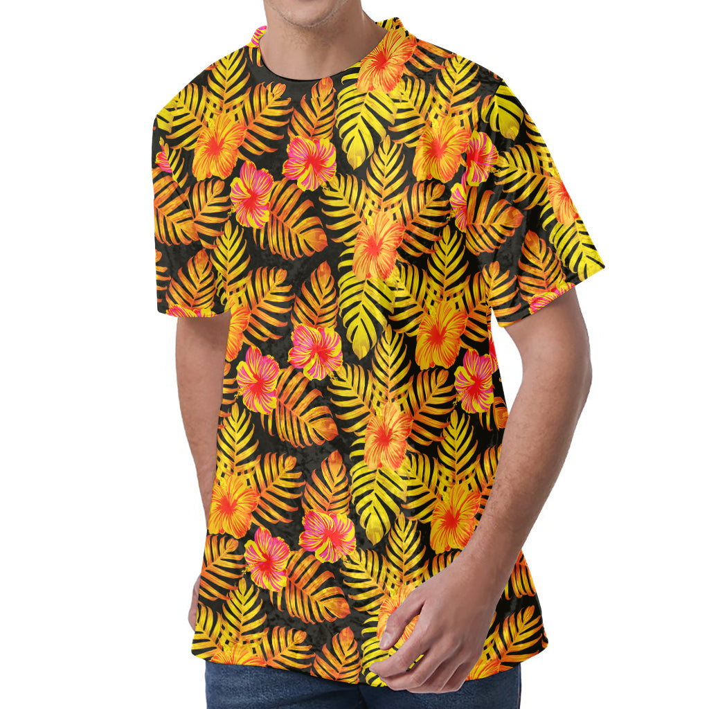Yellow Hawaiian Tropical Pattern Print Men's Velvet T-Shirt Yellow Hawaiian Tropical Pattern Print Men's Velvet T-Shirt
