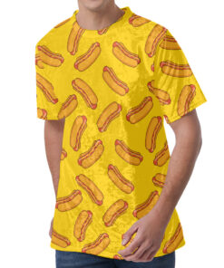 Yellow Hot Dog Pattern Print Men's Velvet T-Shirt