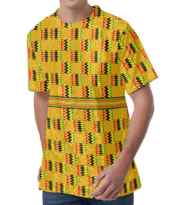 Yellow Kente Pattern Print Men's Velvet T-Shirt