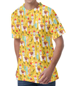 Yellow Llama Pattern Print Men's Velvet T-Shirt