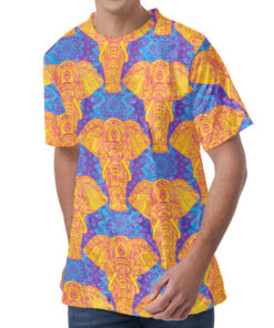 Yellow Mandala Elephant Pattern Print Men's Velvet T-Shirt