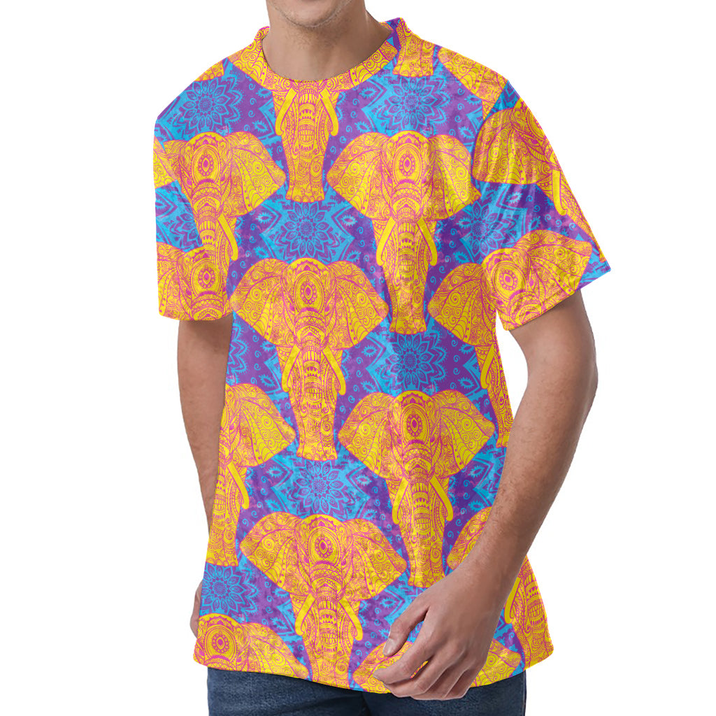 Yellow Mandala Elephant Pattern Print Men's Velvet T-Shirt Yellow Mandala Elephant Pattern Print Men's Velvet T-Shirt