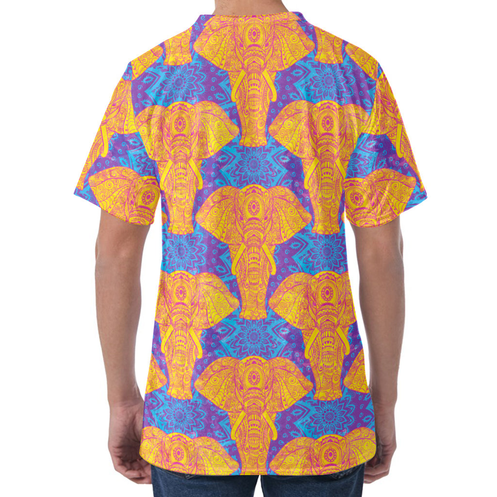 Yellow Mandala Elephant Pattern Print Men's Velvet T-Shirt Yellow Mandala Elephant Pattern Print Men's Velvet T-Shirt