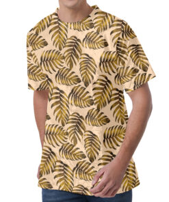 Yellow Monstera Leaves Pattern Print Men's Velvet T-Shirt