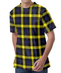 Yellow Navy And Black Plaid Print Men's Velvet T-Shirt