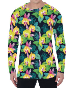Yellow Orchid Pattern Print Men's Long Sleeve T-Shirt