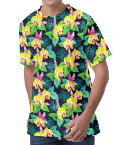 Yellow Orchid Pattern Print Men's Velvet T-Shirt