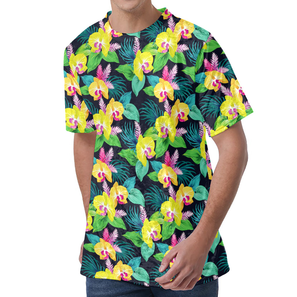 Yellow Orchid Pattern Print Men's Velvet T-Shirt Yellow Orchid Pattern Print Men's Velvet T-Shirt