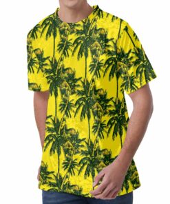 Yellow Palm Tree Pattern Print Men's Velvet T-Shirt