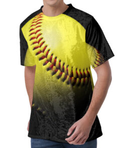 Yellow Softball Ball Print Men's Velvet T-Shirt