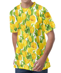 Yellow Spring Tulip Pattern Print Men's Velvet T-Shirt