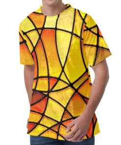 Yellow Stained Glass Mosaic Print Men's Velvet T-Shirt