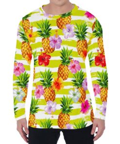 Yellow Striped Pineapple Pattern Print Men's Long Sleeve T-Shirt