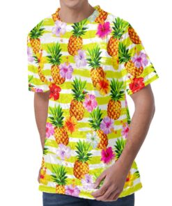 Yellow Striped Pineapple Pattern Print Men's Velvet T-Shirt