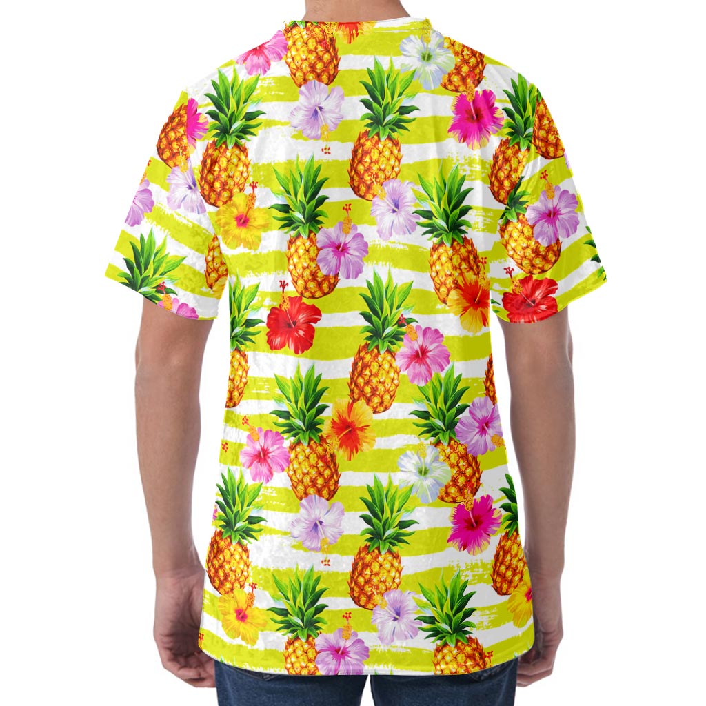 Yellow Striped Pineapple Pattern Print Men's Velvet T-Shirt Yellow Striped Pineapple Pattern Print Men's Velvet T-Shirt