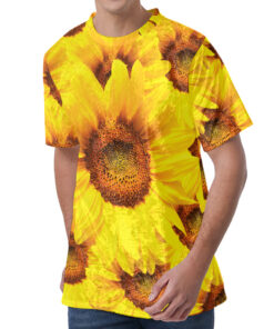 Yellow Sunflower Print Men's Velvet T-Shirt