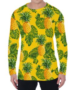 Yellow Tropical Pineapple Pattern Print Men's Long Sleeve T-Shirt