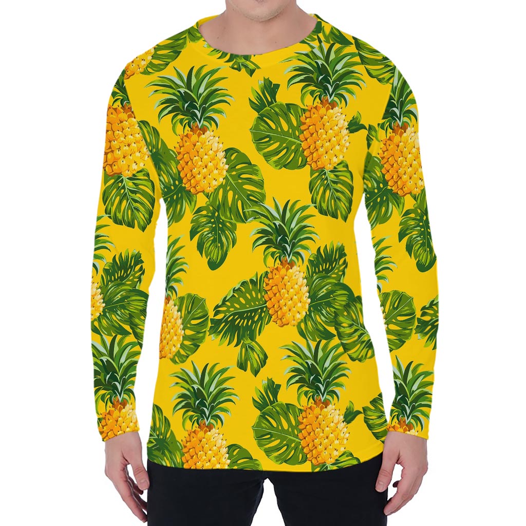 Yellow Tropical Pineapple Pattern Print Men's Long Sleeve T-Shirt Yellow Tropical Pineapple Pattern Print Men's Long Sleeve T-Shirt