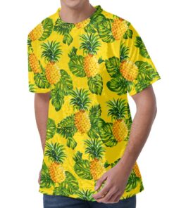 Yellow Tropical Pineapple Pattern Print Men's Velvet T-Shirt