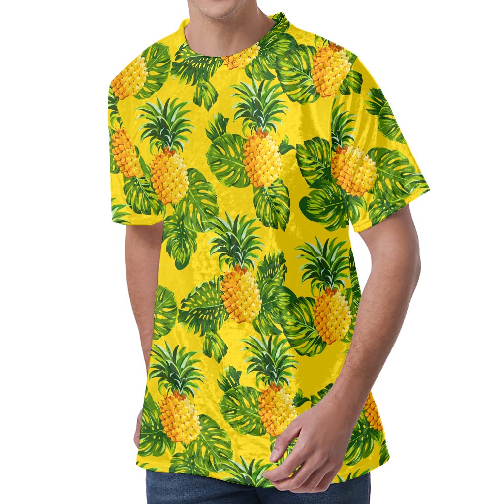 Yellow Tropical Pineapple Pattern Print Men's Velvet T-Shirt Yellow Tropical Pineapple Pattern Print Men's Velvet T-Shirt