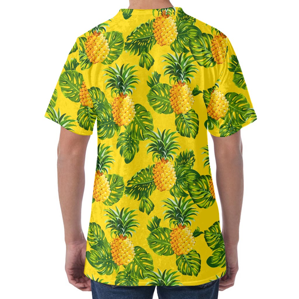 Yellow Tropical Pineapple Pattern Print Men's Velvet T-Shirt Yellow Tropical Pineapple Pattern Print Men's Velvet T-Shirt