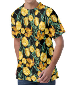 Yellow Tulip Floral Pattern Print Men's Velvet T-Shirt