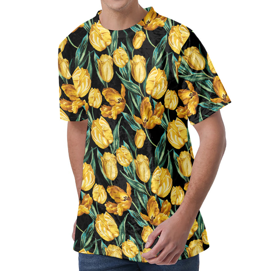 Yellow Tulip Floral Pattern Print Men's Velvet T-Shirt Yellow Tulip Floral Pattern Print Men's Velvet T-Shirt