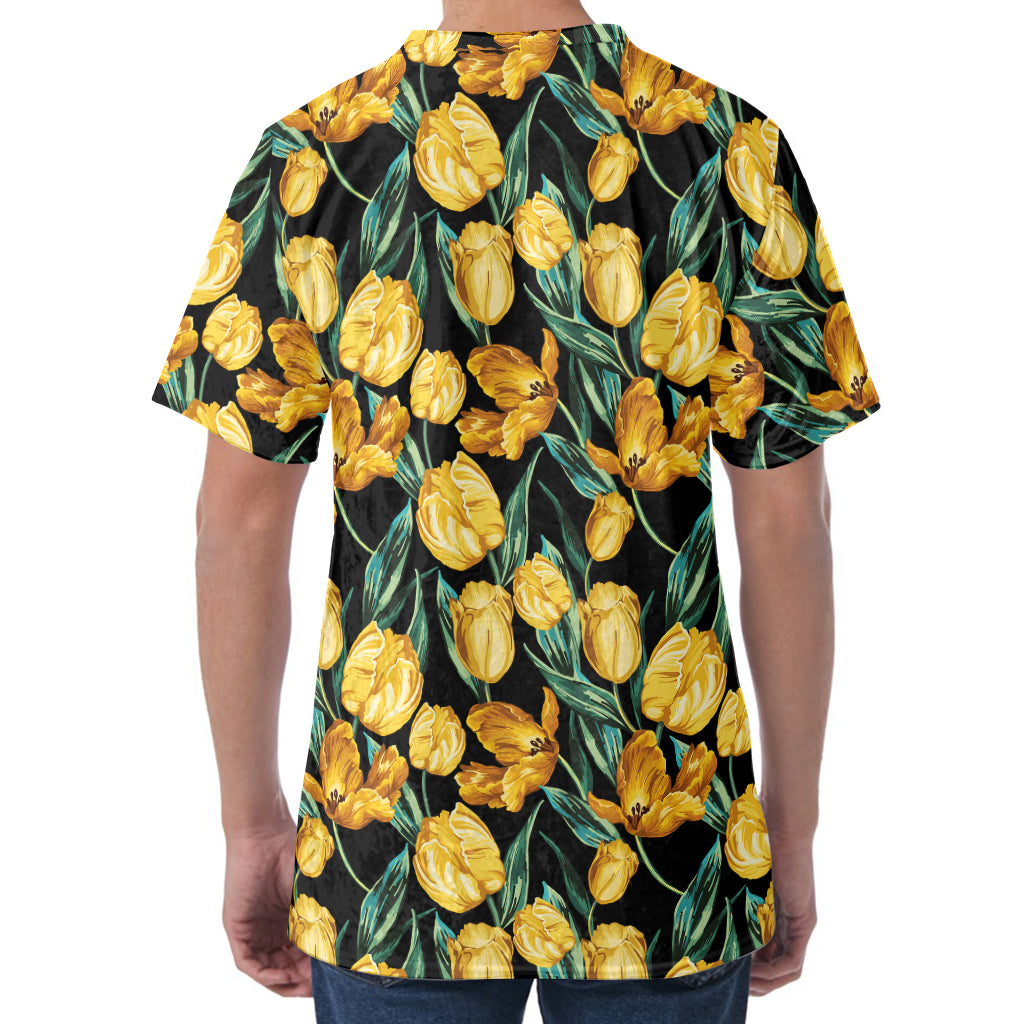 Yellow Tulip Floral Pattern Print Men's Velvet T-Shirt Yellow Tulip Floral Pattern Print Men's Velvet T-Shirt