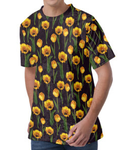 Yellow Tulip Flower Pattern Print Men's Velvet T-Shirt
