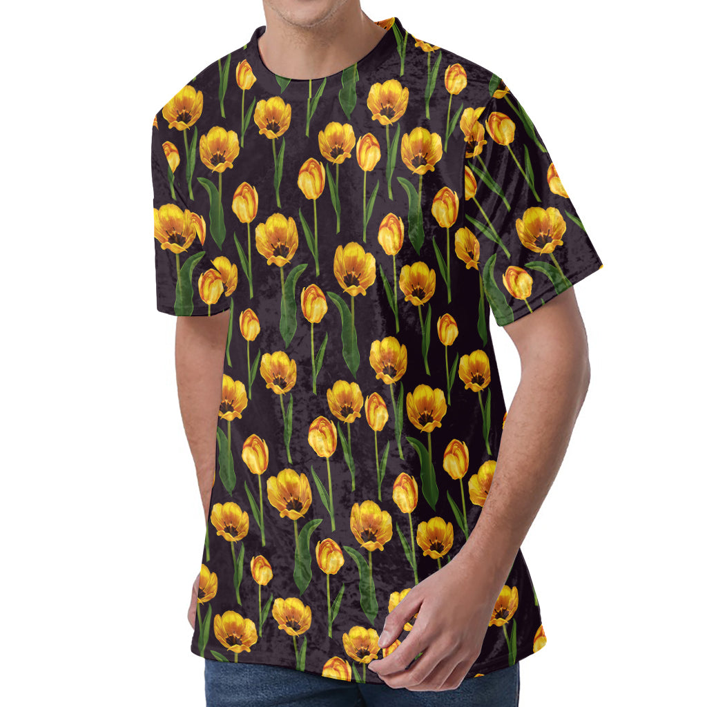 Yellow Tulip Flower Pattern Print Men's Velvet T-Shirt Yellow Tulip Flower Pattern Print Men's Velvet T-Shirt
