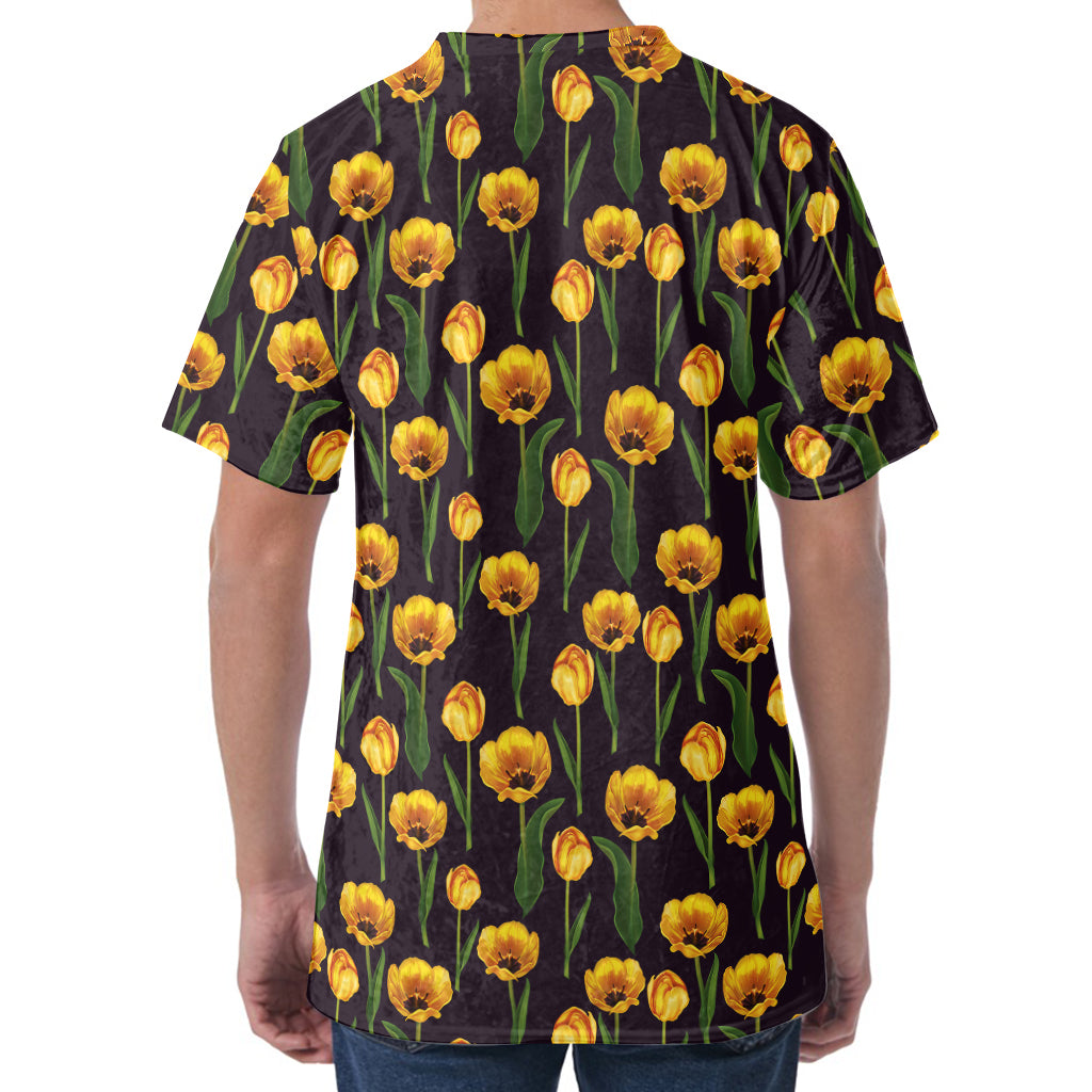 Yellow Tulip Flower Pattern Print Men's Velvet T-Shirt Yellow Tulip Flower Pattern Print Men's Velvet T-Shirt