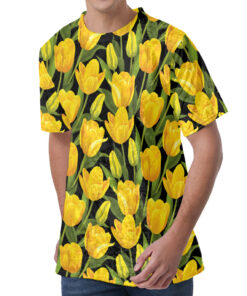 Yellow Tulip Pattern Print Men's Velvet T-Shirt