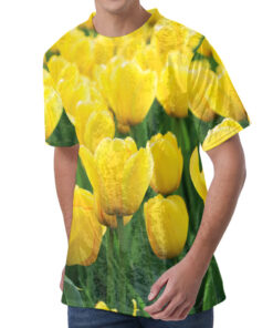 Yellow Tulip Print Men's Velvet T-Shirt