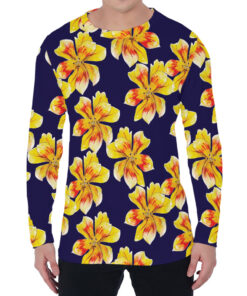 Yellow Watercolor Lily Pattern Print Men's Long Sleeve T-Shirt