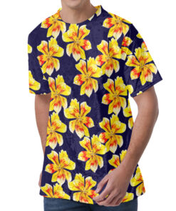 Yellow Watercolor Lily Pattern Print Men's Velvet T-Shirt