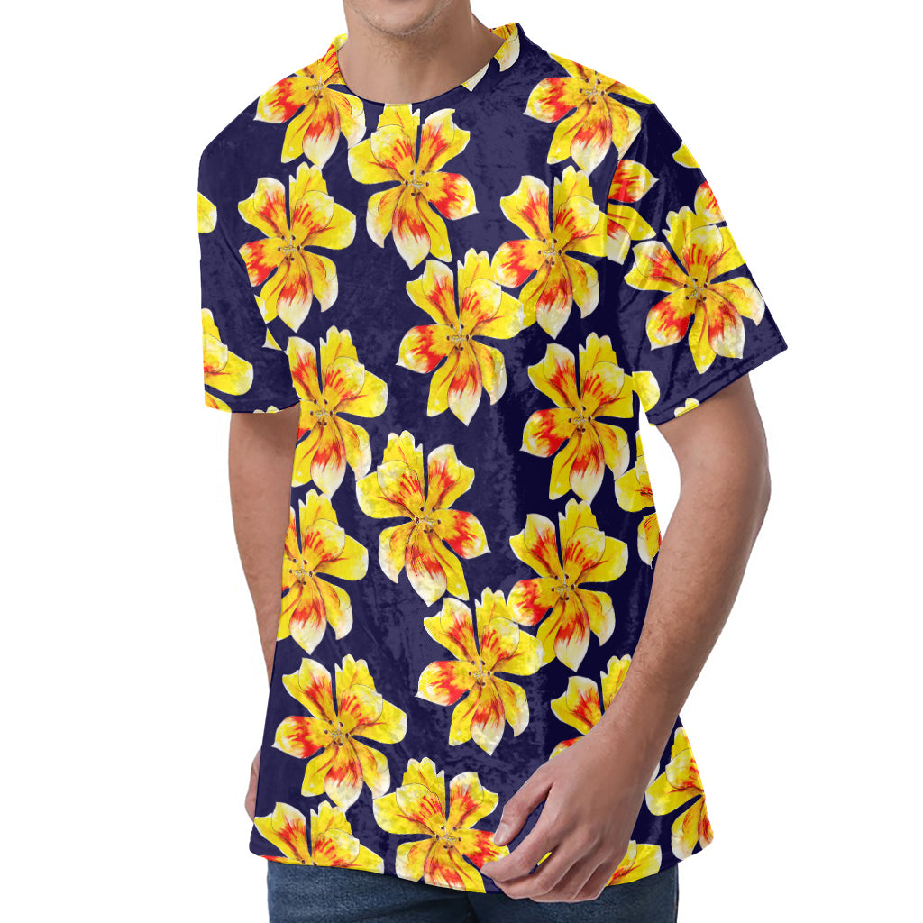 Yellow Watercolor Lily Pattern Print Men's Velvet T-Shirt Yellow Watercolor Lily Pattern Print Men's Velvet T-Shirt
