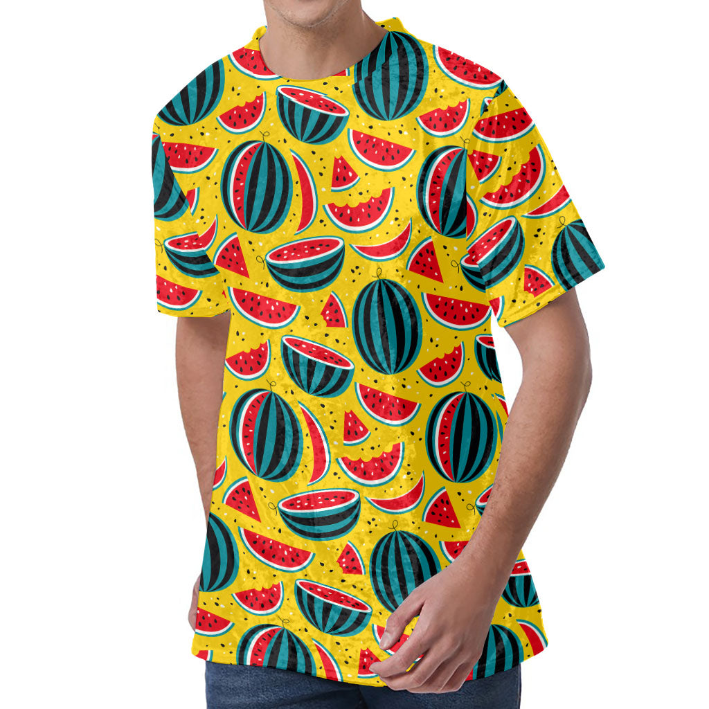 Yellow Watermelon Pieces Pattern Print Men's Velvet T-Shirt Yellow Watermelon Pieces Pattern Print Men's Velvet T-Shirt