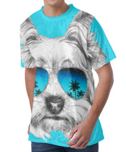 Yorkshire Terrier With Sunglasses Print Men's Velvet T-Shirt