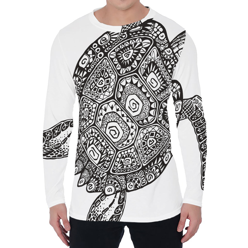 Zentangle Sea Turtle Print Men's Long Sleeve T-Shirt Zentangle Sea Turtle Print Men's Long Sleeve T-Shirt