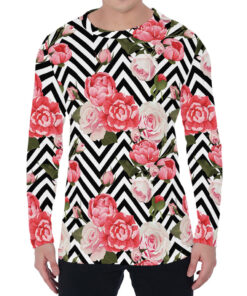 Zigzag Peony And Rose Pattern Print Men's Long Sleeve T-Shirt
