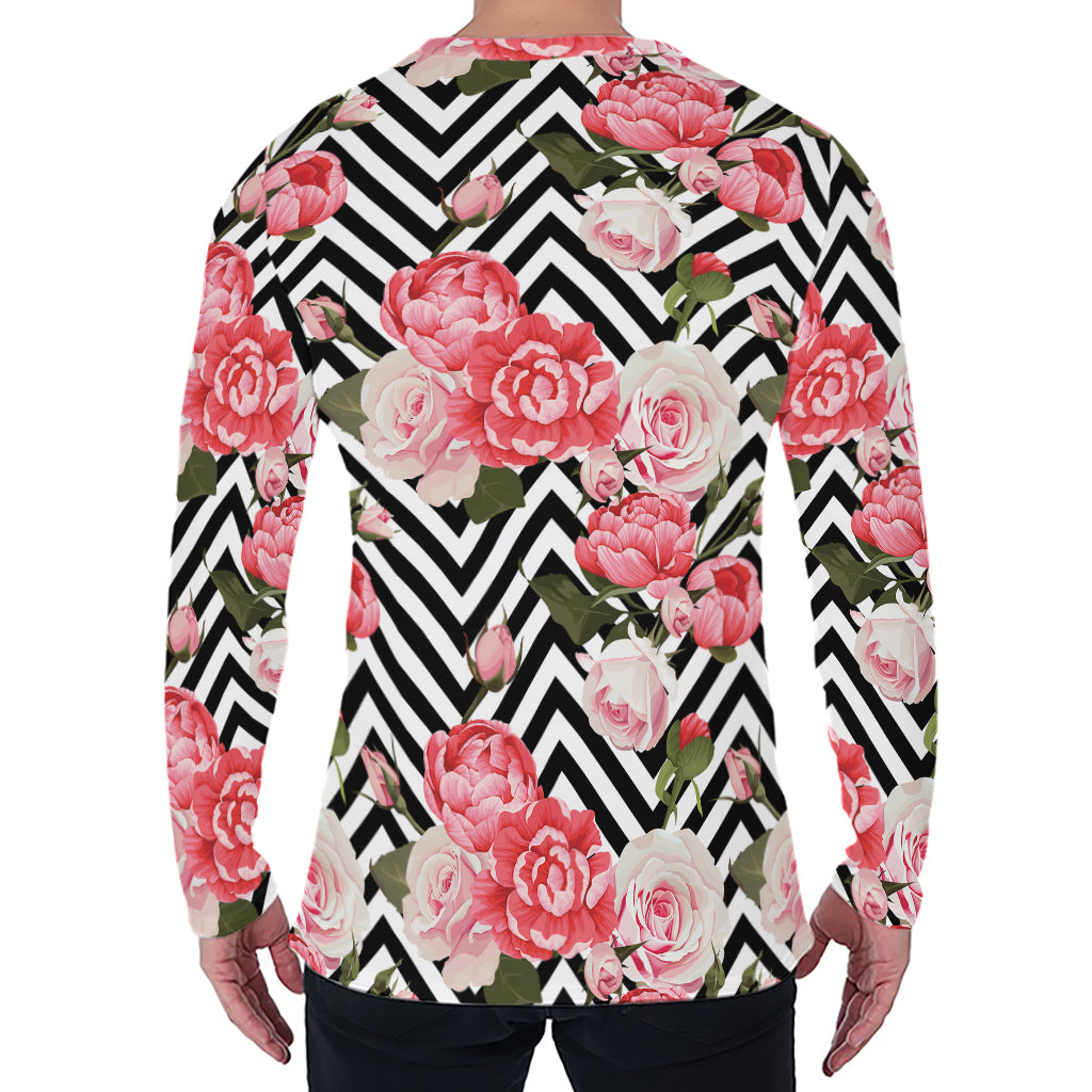 Zigzag Peony And Rose Pattern Print Men's Long Sleeve T-Shirt Zigzag Peony And Rose Pattern Print Men's Long Sleeve T-Shirt
