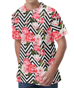 Zigzag Peony And Rose Pattern Print Men's Velvet T-Shirt