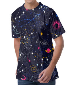 Zodiac Star Signs Galaxy Space Print Men's Velvet T-Shirt