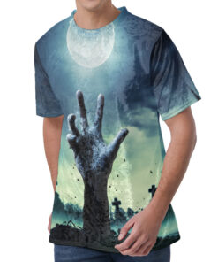 Zombie Hand Rising From Grave Print Men's Velvet T-Shirt